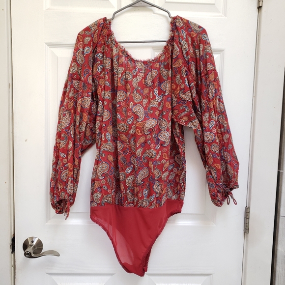 Intimately FREE PEOPLE Sundown Red Paisley Bodysuit Long Sleeve Blouse - Picture 7 of 8